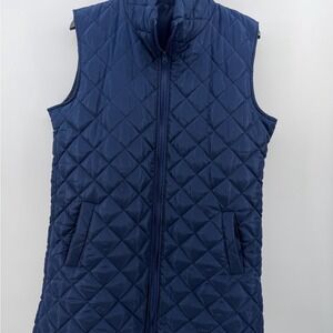 Quilted Navy Blue Long Vest Women's Size L Stand Collar Zip Pockets